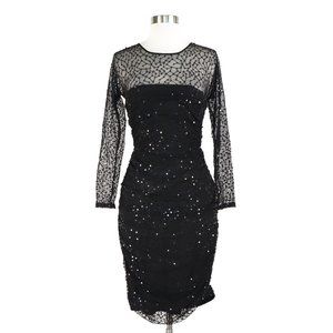 Tadashi Shoji NWOTNEW Black Lace Sequin Ruched Illusion Long Sleeve Dress Size S